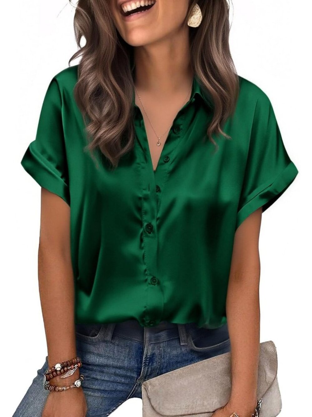 Women's Green Satin Silk Blouse Short Sleeve Button Down Collared Office Shirt